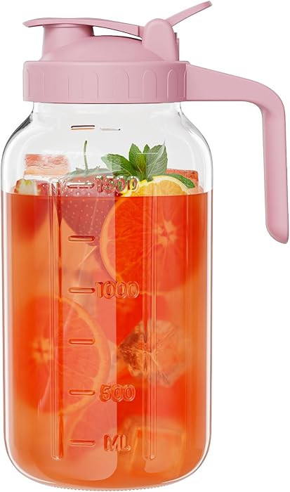 Glass Mason Jar Pitcher, 64 oz Wide Mouth Jug with Pour Spout Handle Lid for Cold Brew Coffee, Ice Beverage, Iced Juice, Lemonade, Sun Tea, Fruit Drinks Container(Pink) | Amazon (US)