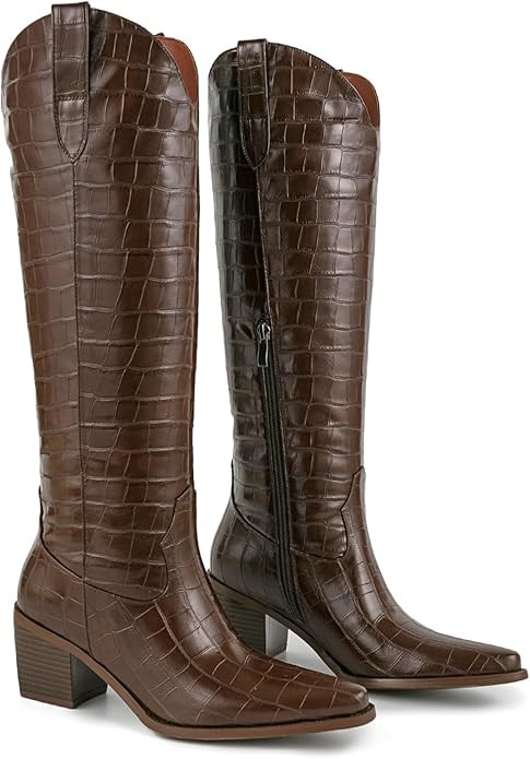 Pasuot Rhinestone Cowboy Boots for Women - Wide Calf Knee High Cowgirl Boots with Side Zipper and... | Amazon (US)