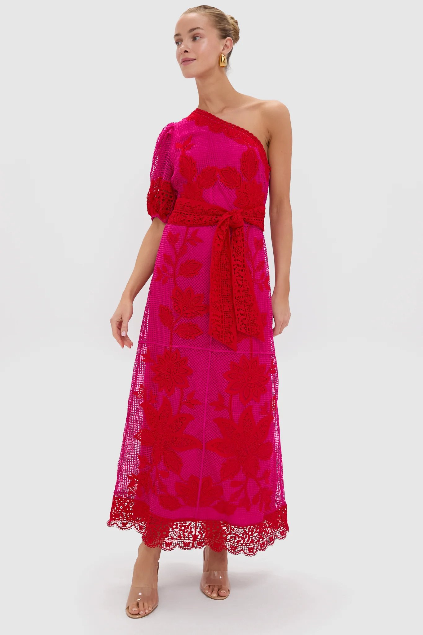 Red Guipuire Bicolor One Shoulder Maxi Dress | Tuckernuck (US)