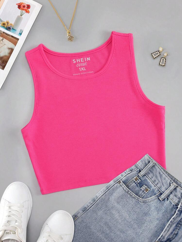 SHEIN EZwear Women's Plus Size Solid Color Round Neck Ribbed Tank Top | SHEIN