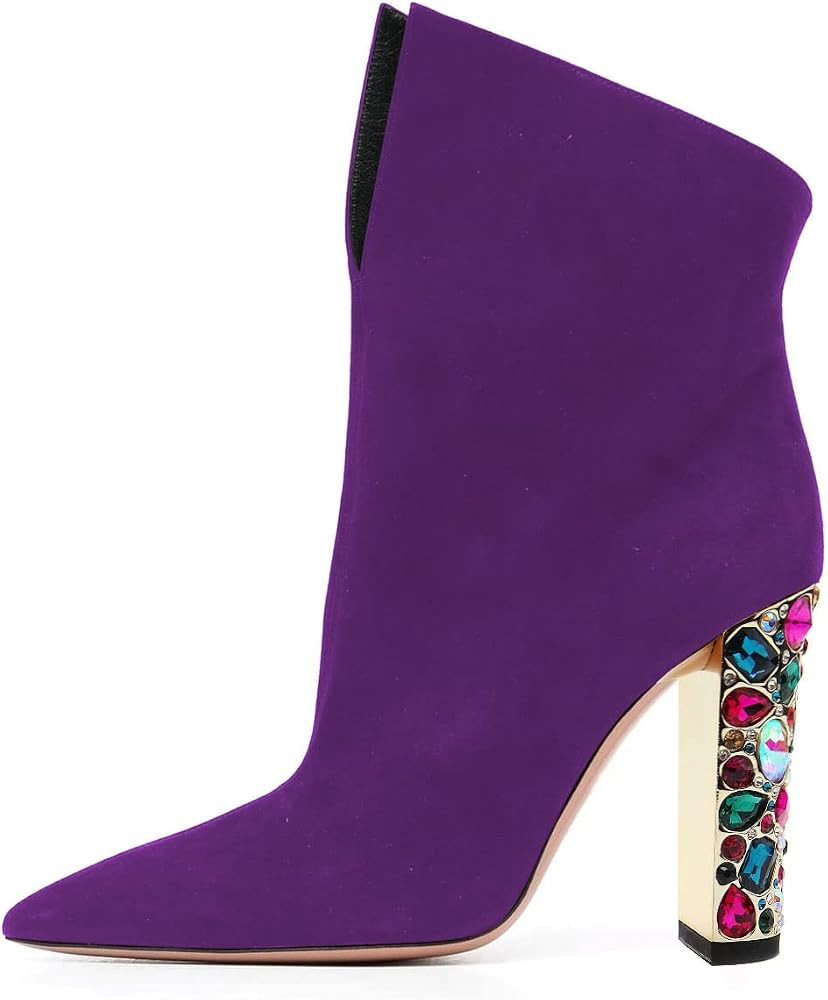 FSJ Women Graceful Pointed Toe High Heel Ankle Booties Handmade Suede Crystal Gem Chunky Heel Com... | Amazon (US)