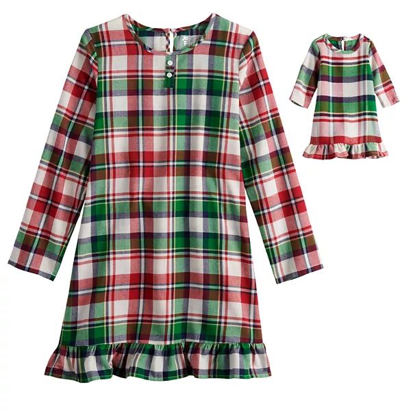 Girls 4-20 Jammies For Your Families® Christmas Kitsch Plaid Night Gown & Doll Gown Set | Kohl's