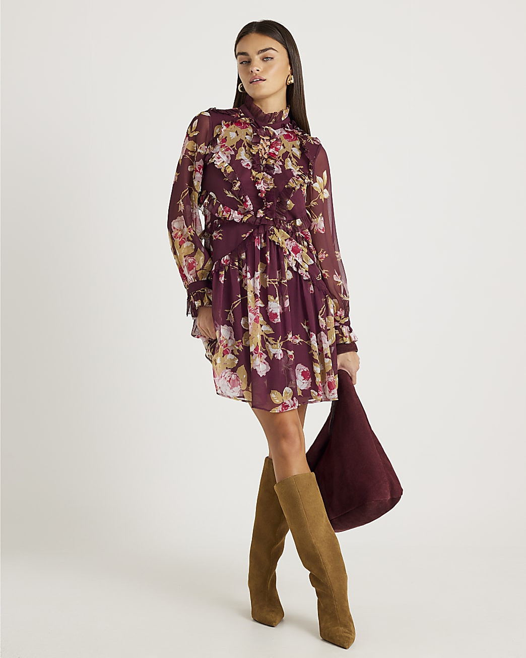 Red Chiffon Floral Long Sleeve Mini Dress | River Island UK & IE