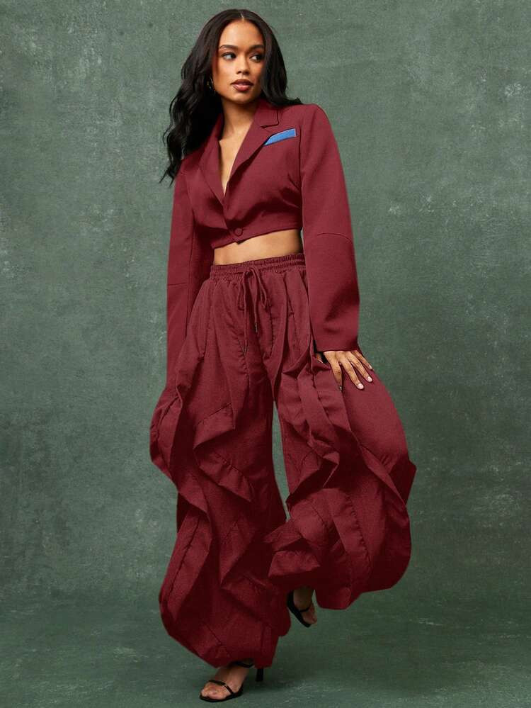 Vixey Breathable Anti Wrinkle Moisture Wicking Woven Ruffle Detail Jogger Pants | SHEIN