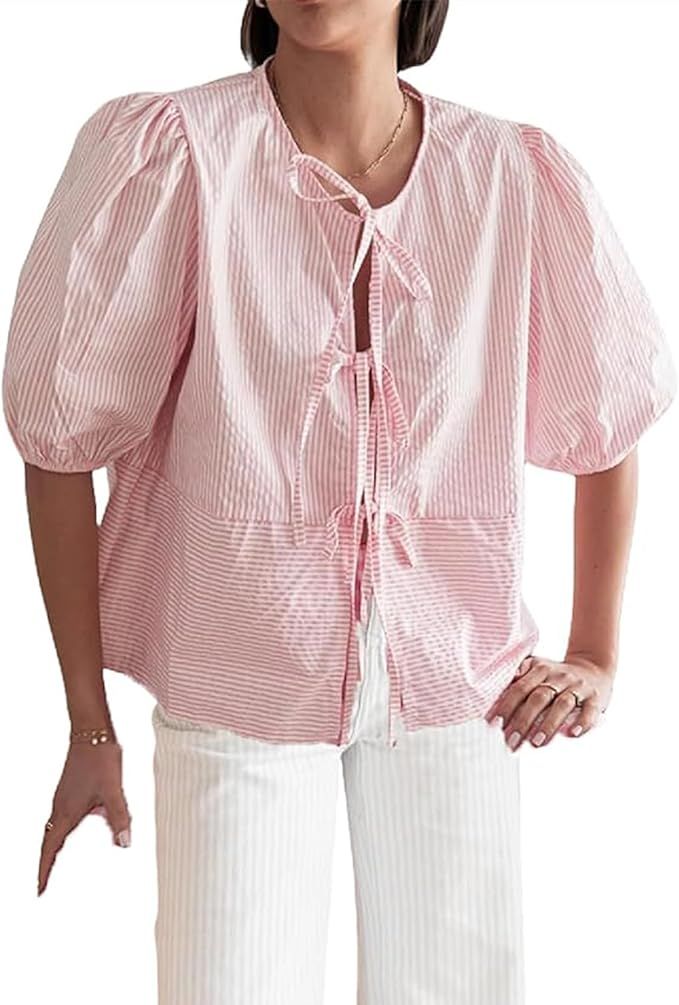 Women's Tie Front Blouse Y2k Puff Short Sleeve Babydoll Tops Cute Teen Girls Summer Bow Tie Peplu... | Amazon (US)