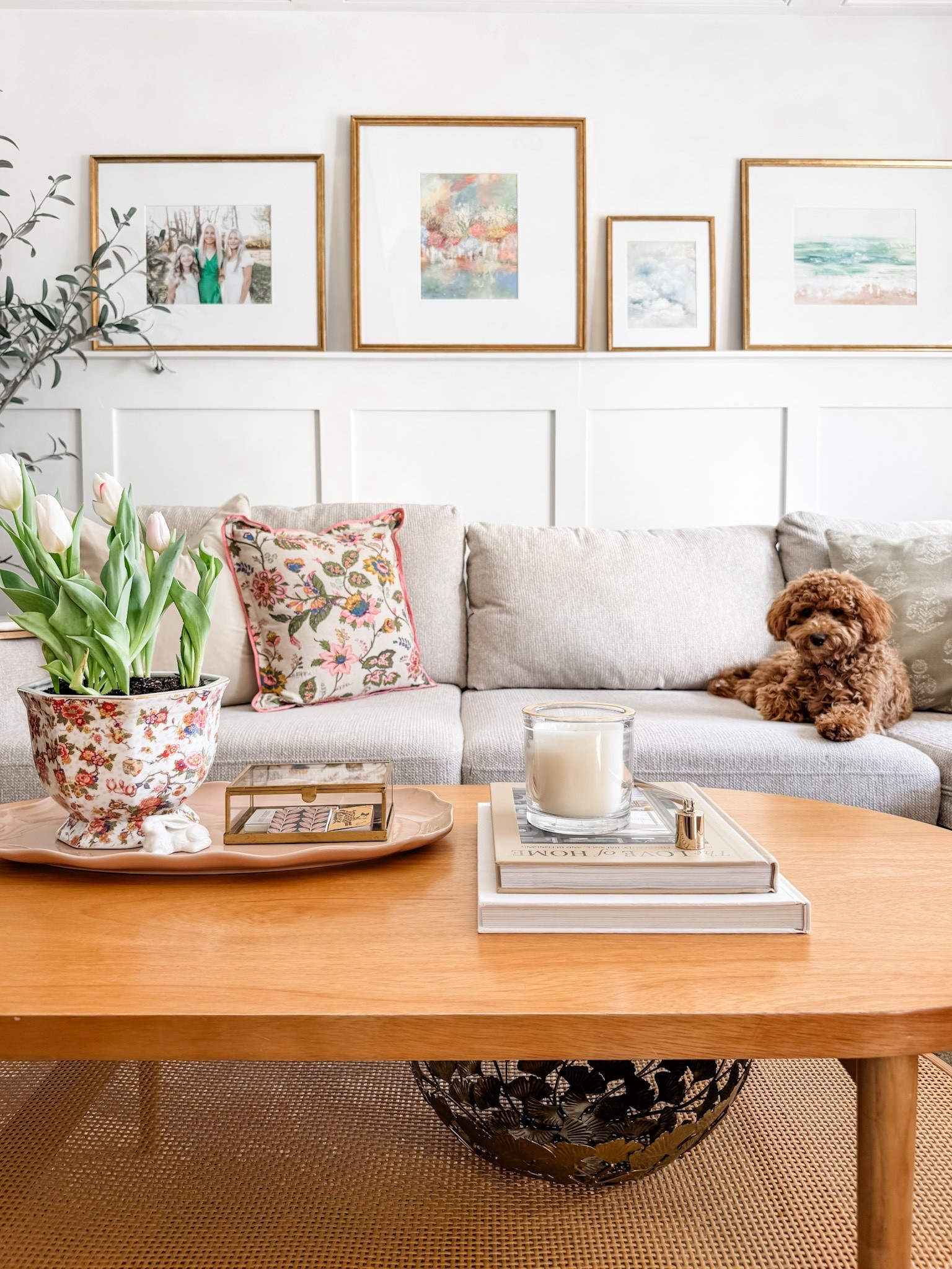 Coffee table decor
Living room decor
Spring throw pillow
Rattan coffee table
Oval coffee table
Spring art print 
Gallery wall