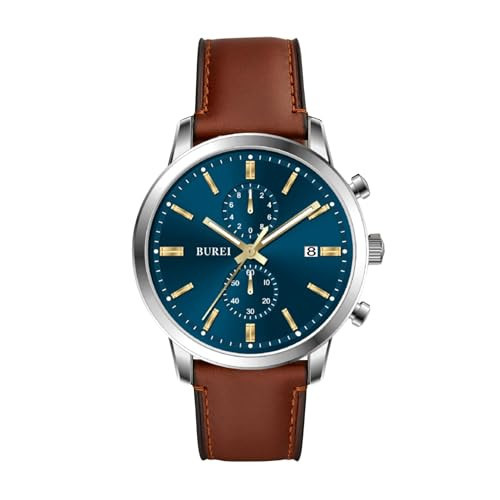 BUREI Men's Leather Watches Chronograph Quartz Watches for Men Classic Fashion Wristwatch Relojes para Hombres,Gift for Men(Brown Black) | Amazon (US)