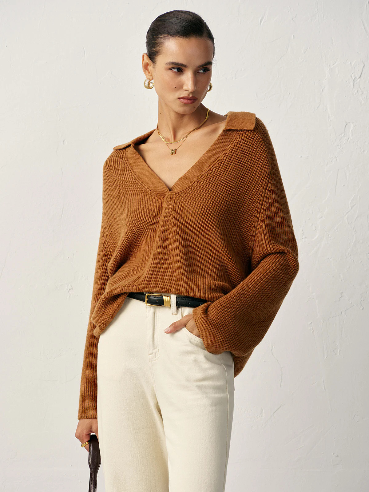 Wool Blend Polo Collar V-Neck Sweater | Commense