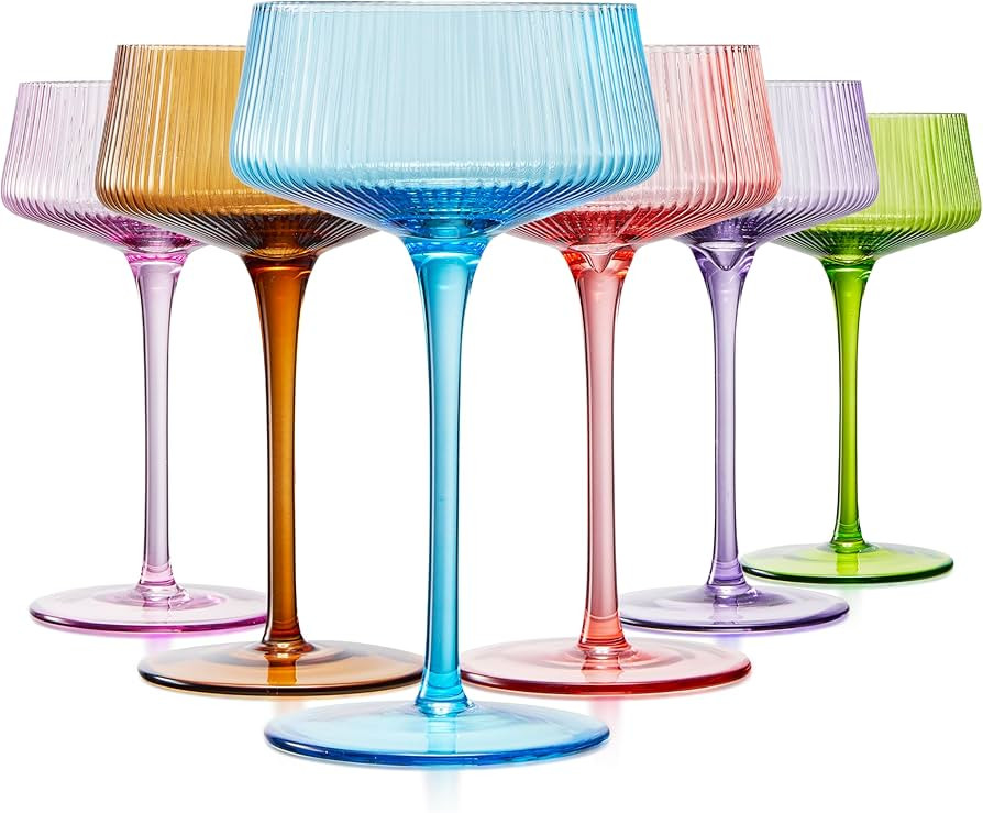 Art Deco Martini, Champagne, Cocktail Colored Crystal Coupe Glasses | Set of 6 | Large Stemmed Gl... | Amazon (US)