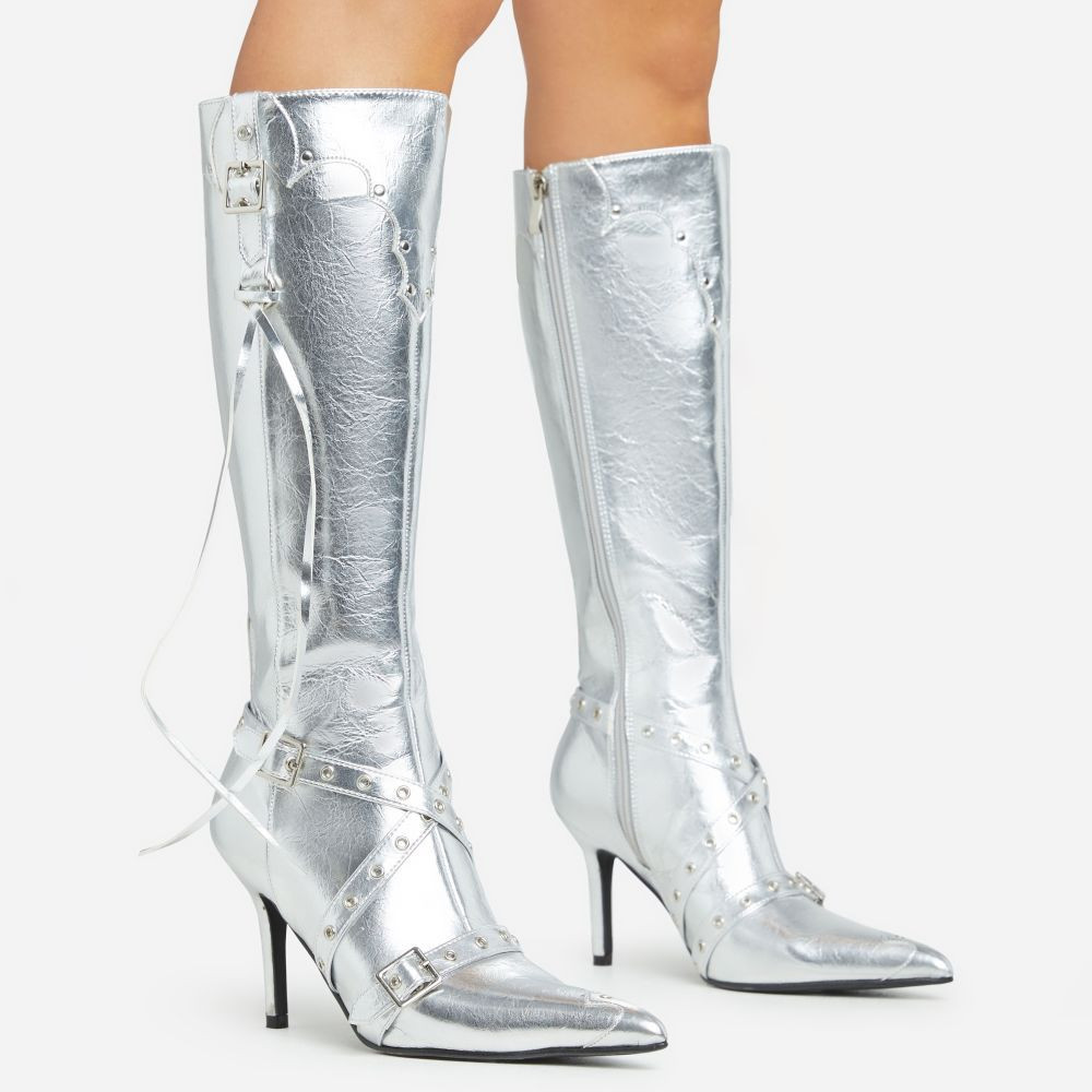 Gunner Eyelet Buckle Detail Pointed Toe Stiletto Heel Knee High Long Boot In Silver Faux Leather | EGO Shoes (US & Canada)