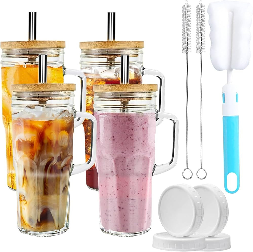 YUANYE 4 Piece 24oz Mason Handle Glass Cups with Lids and Straws -Drinks Enthusiasts Essential Gl... | Amazon (US)