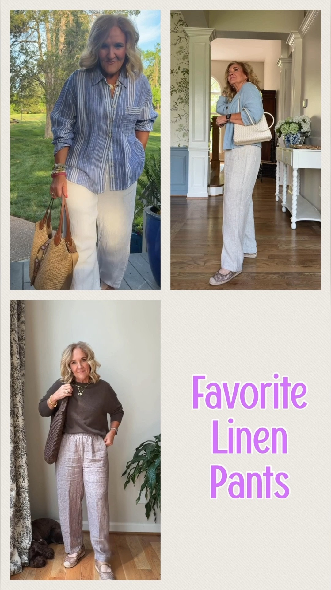 For white linen? The JCREW liner Soleil pants is my pick. Wearing a medium reg. Pre order if you need to. 
Linen blouse size medium very relaxed fit
Athleta linen pants any color but white petite medium 
Quince linen is a lightweight weight still great quality size medium 
Cashmere sweater size medium 
Cotton sweater medium 
10% off my Eric habits bag code NANETTE
20% off my bracelets code NANETTE20

#LTKOver40 #LTKSwim #LTKSeasonal