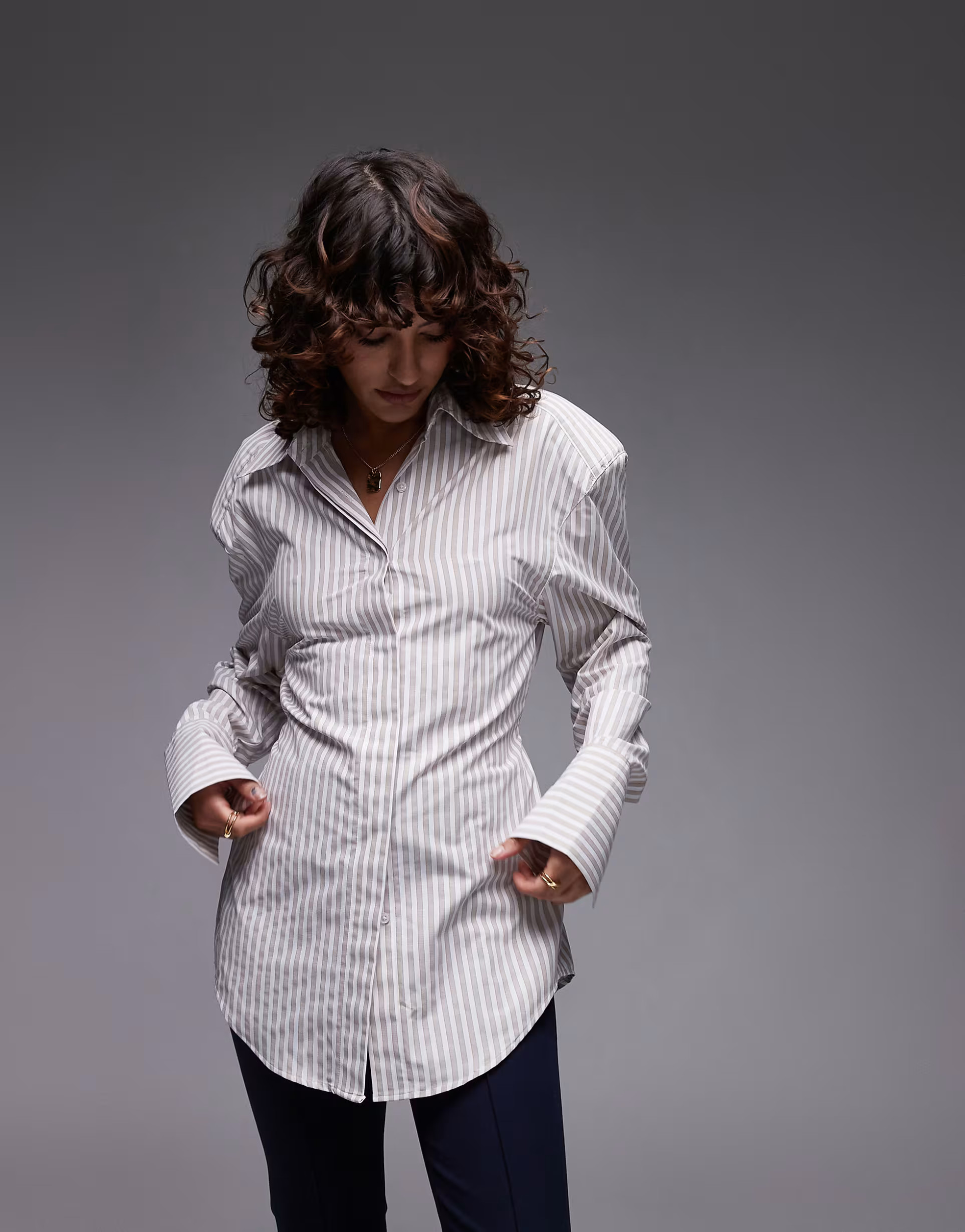 ASOS DESIGN cinch waist shirt with shoulder pads in brown stripe | ASOS | ASOS (Global)