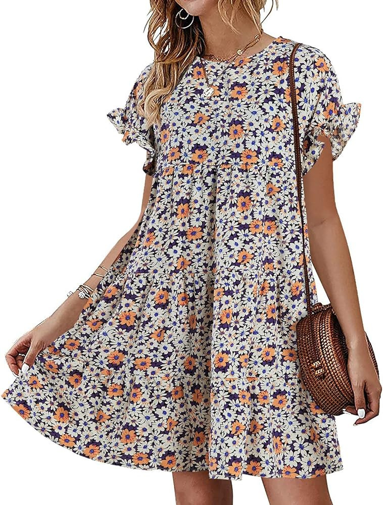 Chuanqi Womens Ruffles Boho Floral Printed Babydoll Loose Swing Casual Short Mini T-Shirt Dress | Amazon (US)