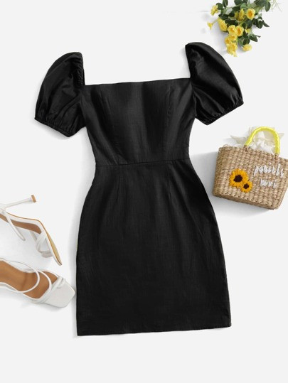 SHEIN Puff Sleeve Zip Side Dress | SHEIN