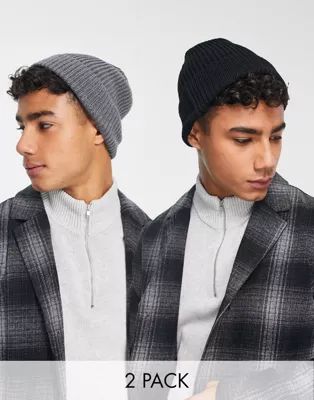 ASOS DESIGN 2 pack slouchy beanie in grey and black SAVE | ASOS (Global)