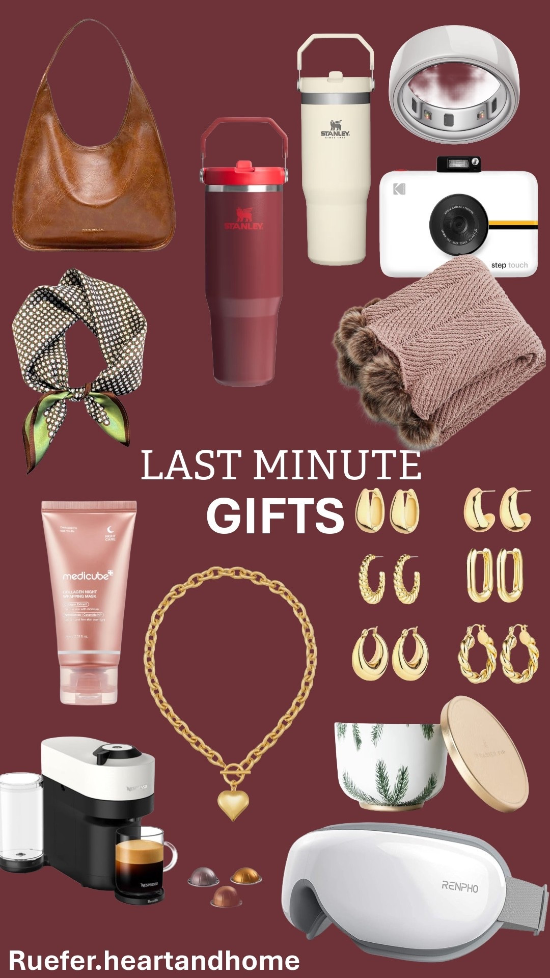 Last minute gifts from Amazon that will arrive by Christmas(if ordered now). Aura ring, Stanley cups, Medicube collagen mask, candle. Camera with printer, gold heart necklace, gold earring set, mulberry silk scarf, pom pom throw blanket, Nespresso machine, suede purse, eye massager 

#LTKGiftGuide #LTKSaleAlert #LTKHome