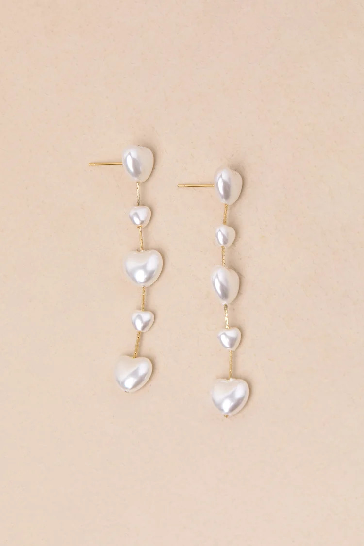 Endlessly Lovable Gold and White Pearl Heart Drop Earrings | Lulus