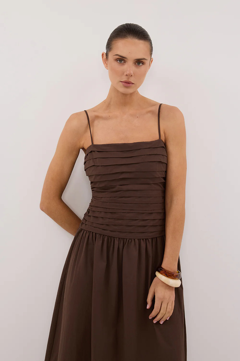QUINN BITTER CHOC COTTON MIDI DRESS | DISSH