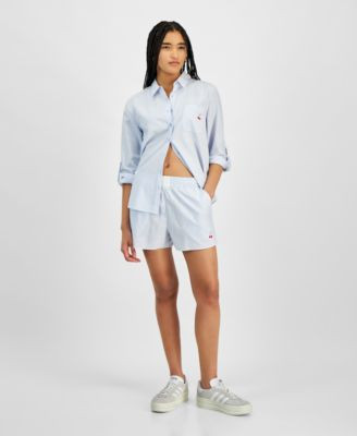 Hippie Rose Juniors Button Front Long Sleeve Striped Shirt Cherry Striped Boxer Shorts | Macy's