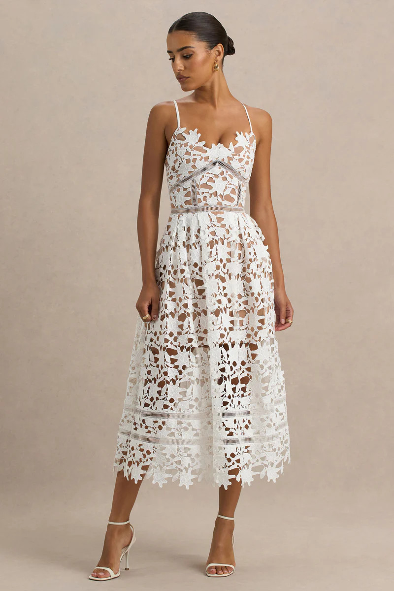 Zuri | White Lace Sweetheart Midi Dress With Cami Straps | Club L London