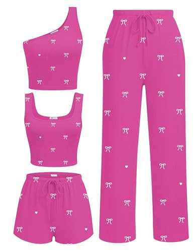 Ekouaer Womens 4 Piece Lounge Sets Ribbed Knit Crop Tank Top and Shorts Pants Casual Outfits | Amazon (US)