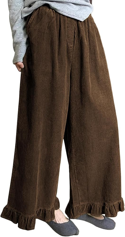 Omoone Womens Corduroy Pants Wide Leg Ruffled Hem Elastic Waist Lounge Cord Pants with Pockets | Amazon (US)