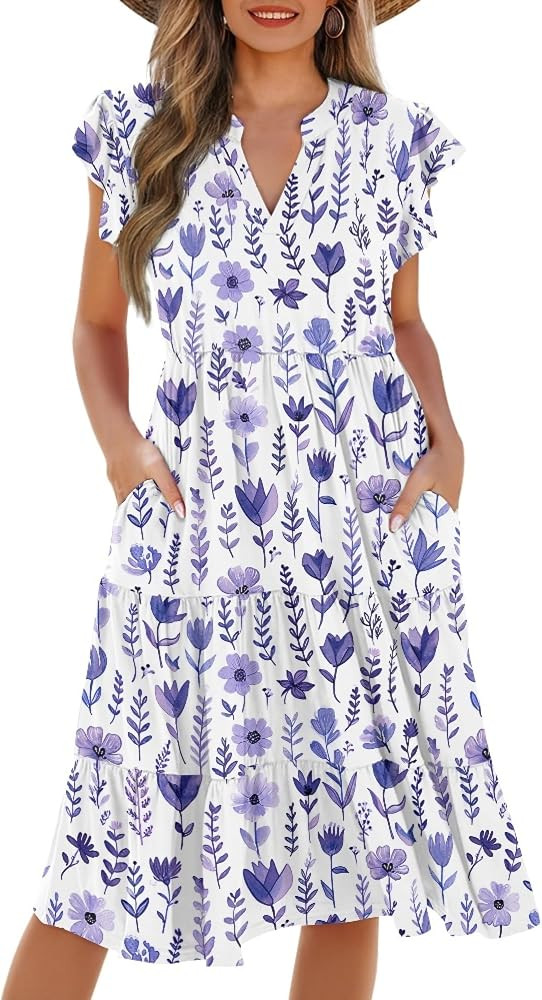 domirica Womens Casual Dresses Summer Ruffle Sleeve V Neck Empire Waist Midi 2025 Fashion Fit Smo... | Amazon (US)