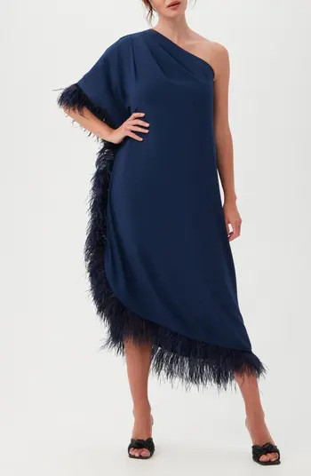 Trina Turk Largo One-Shoulder Feather Trim Caftan Maxi Dress | Nordstromrack | Nordstrom Rack