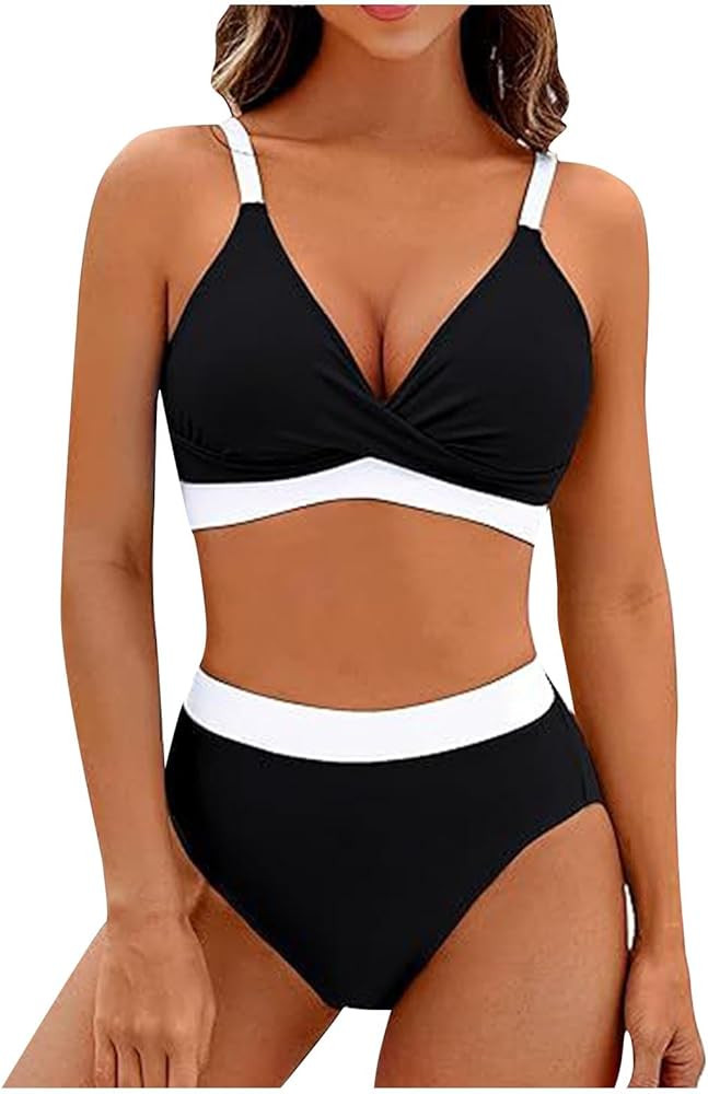 Women's Bikini Sets High Waisted Bikini Sets Tummy Control Swimsuits V Neck Color Block Two Piece... | Amazon (US)
