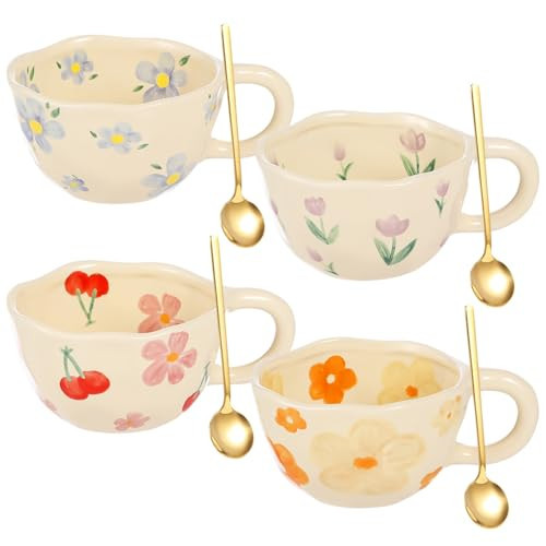 Homaisson Set of 4 Flower Ceramic Coffee Mugs, 8 OZ Floral Tea Cup Set with Spoons, Cute Cappuccino Cups Set, Porcelain Espresso Cups for Mocha Latte, Dishwasher Microwave Safe | Amazon (US)