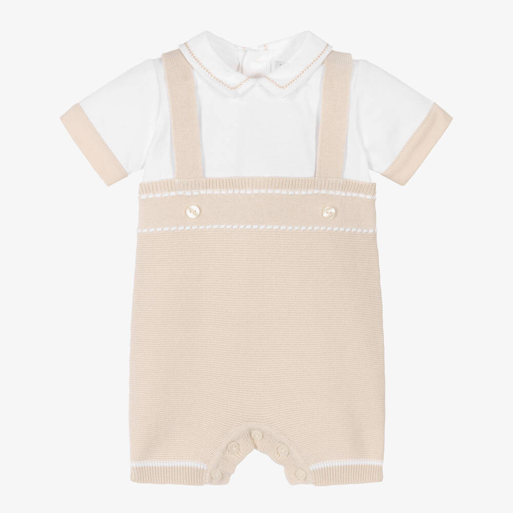 Emile Et Rose Boys Beige & White Cotton-Knit Shortie | Childrensalon