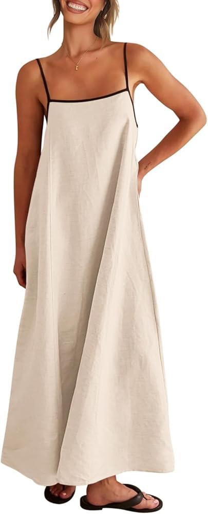 Shy Velvet Women's 2024 Summer Linen Maxi Dress Contrast Spaghetti Strap Dress Backless Sleeveles... | Amazon (US)