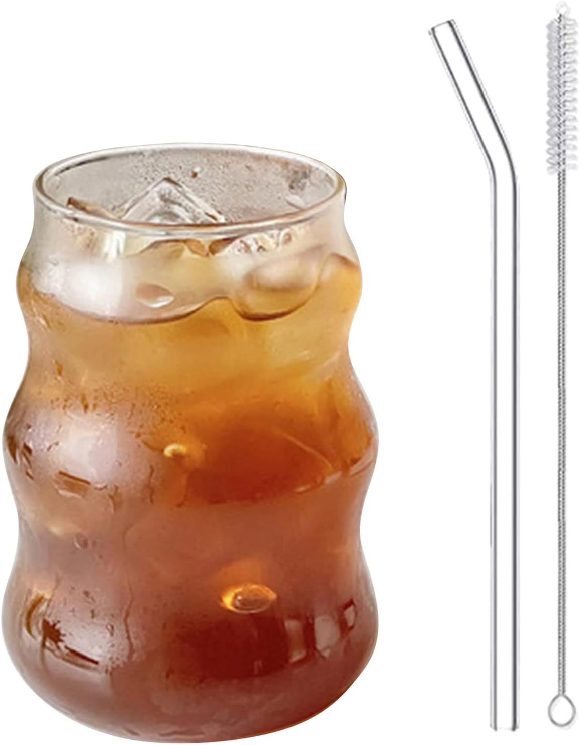 Maritown Ribbed Glassware Drinking Glasses with Straws, 18oz Ripple Glass Cups, Iced Coffee Glass... | Amazon (US)