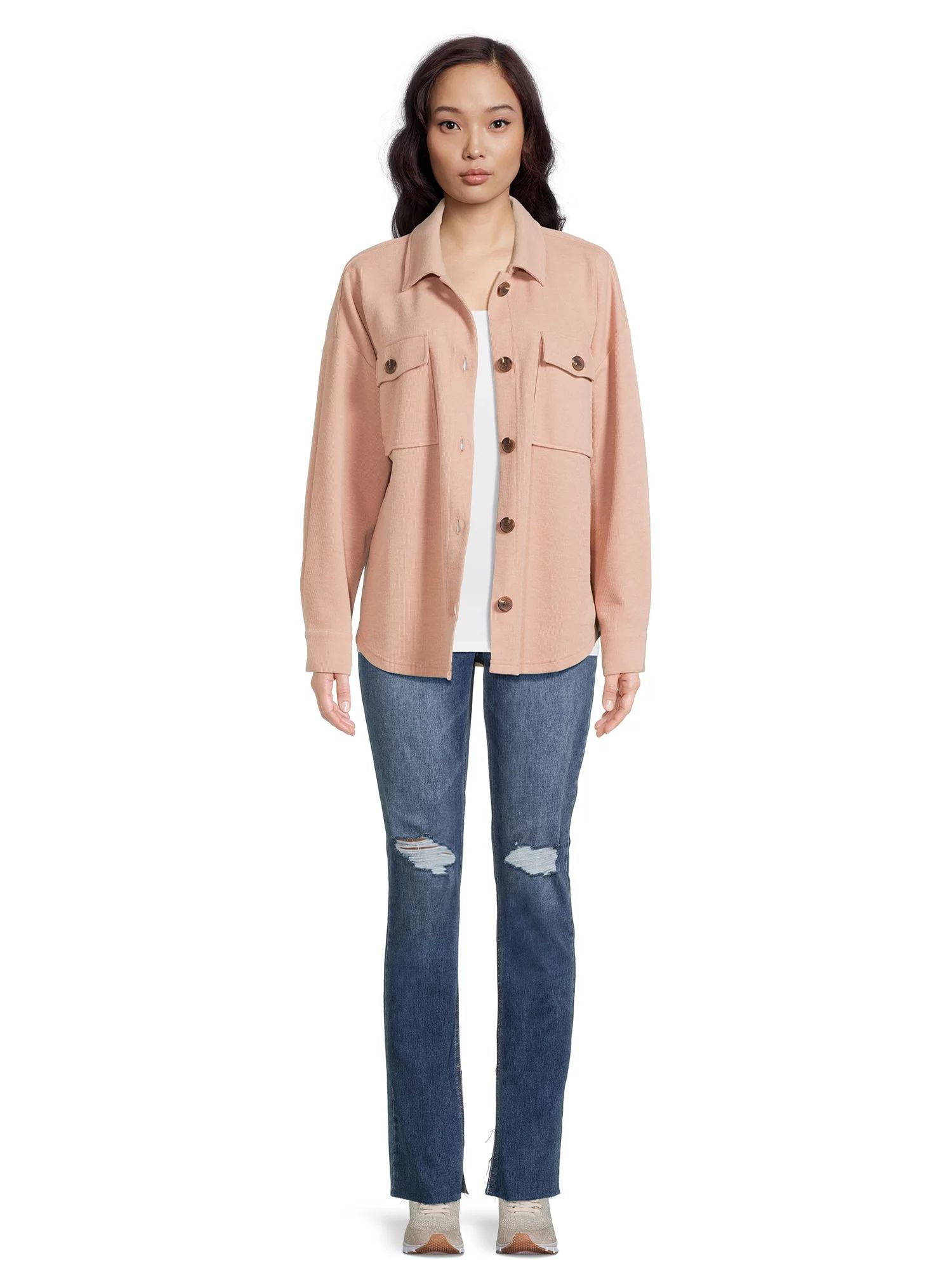 Pink Rose Women's Button-Front Shacket with Long Sleeves | Walmart (US)