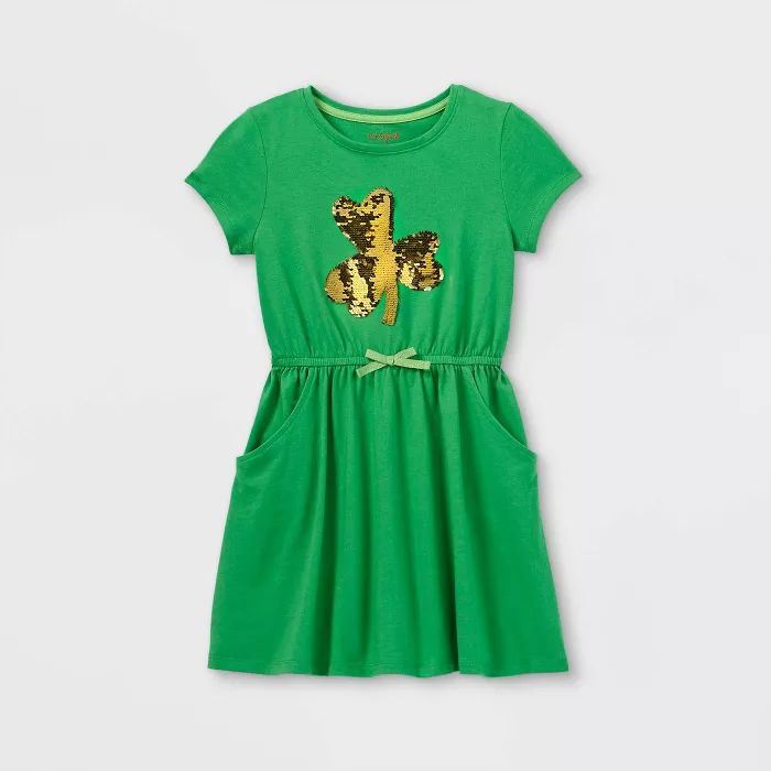 Girls' Flip Sequin Shamrock Short Sleeve Knit Dress - Cat & Jack™ Green | Target