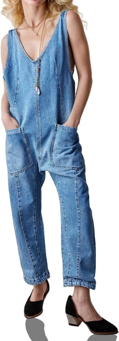 PLNOTME Women's Denim Overall Jumpsuits Sleeveless V Neck Adjustable Straps Jeans Long Pants Romp... | Amazon (US)