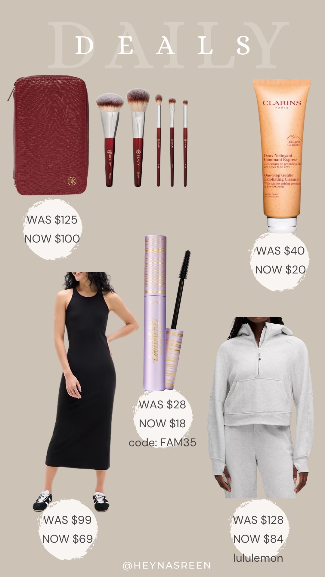 Daily deals on BK Beauty travel brush set, Clarins face wash, lululemon hoodie, Tarte tubing mascara, Athleta dress 