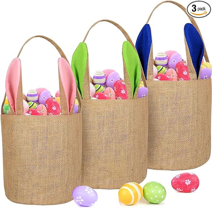 3 PCS Easter Eggs Hunt Basket for Kids Canvas Bunny Basket Egg Bags Rabbit Fluffy Tails Party Cel... | Amazon (US)