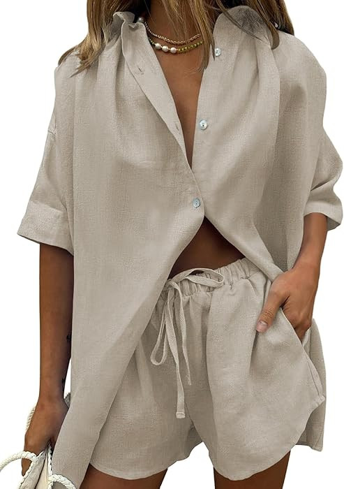 Fixmatti Women 2 Piece Outfits Long Sleeve Button Down Blouse and Shorts Sweatsuit Sets | Amazon (US)