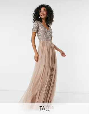 Maya Tall Bridesmaid v neck maxi tulle dress with tonal delicate sequins in taupe blush | ASOS (Global)