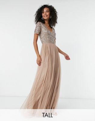 Maya Tall Bridesmaid v neck maxi tulle dress with tonal delicate sequins in taupe blush | ASOS (Global)