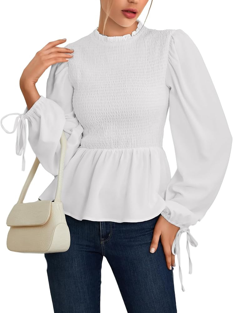LYANER Women's Frill Mock Neck Shirred Ruffle Hem Puff Long Sleeve Blouse Top Shirt | Amazon (US)