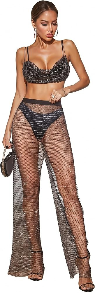 Women Crystal Rhinestone Mesh Pants Sheer Hollow Out Fishnet Pants Sparkly Glittery Cover Up for ... | Amazon (US)