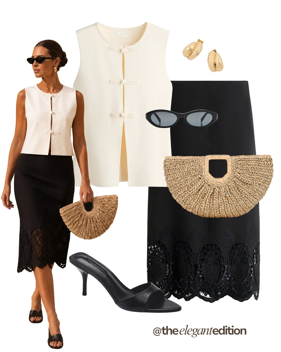 CREAM & BLACK LOOK 🤍🖤 — Cream button vest top, black lace hem midi skirt, woven half moon bag and black kitten heel mules. Elegant contrast dressing for summer.

#summeroutfit #oldmoney #quietluxury #LTKsummer #LTKstyletip 

 #LTKeurope #LTKsummer #LTKstyletip