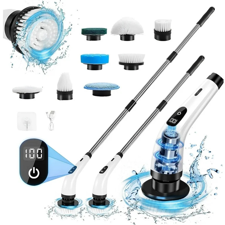 Electric Spin Scrubber - Cordless Cleaning Brush with 8 Heads & Long Handle Power Shower Scrubber... | Walmart (US)