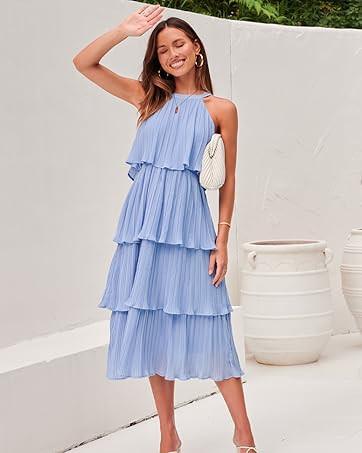 ZESICA Women's 2023 Summer Sleeveless Halter Neck Ruffle Tiered Layed Chiffon Flowy Swing Long Midi  | Amazon (US)