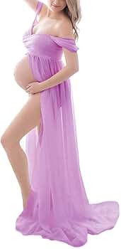 Maternity Dress for Photography Off Shoulder Chiffon Gown Split Front Maxi Pregnancy Dresses for ... | Amazon (US)