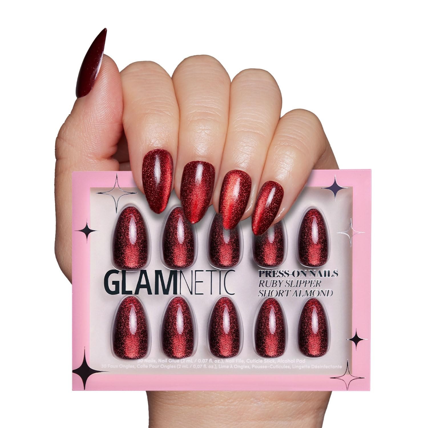Glamnetic Press On Nails - Ruby Slipper | Deep Red Sparkly Short Almond Fake Nails with a Velvet ... | Amazon (US)