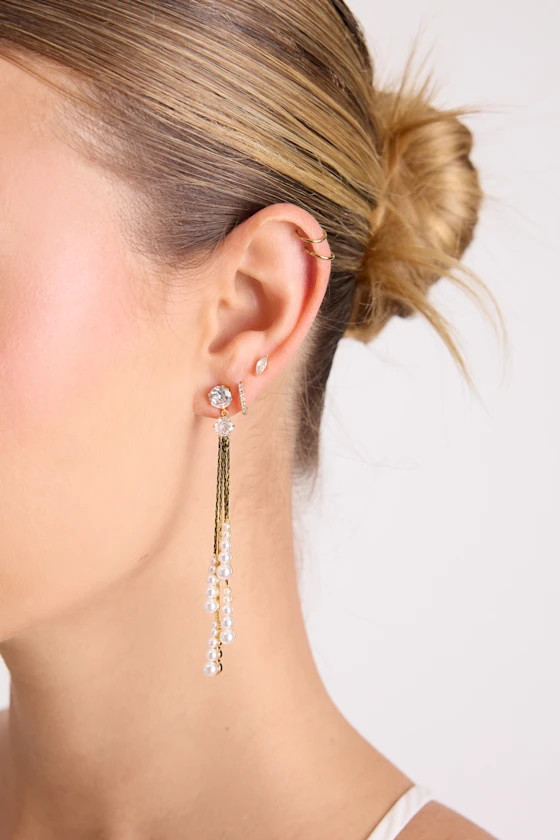 Nicole Gold Rhinestone Pearl Fringe Earrings | Lulus
